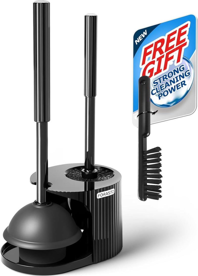 FORASTO 2 in 1 Toilet Plunger and Brush Set, Toilet Bowl Cleaning Combo, Groove Gap Brush, Black - Image 1